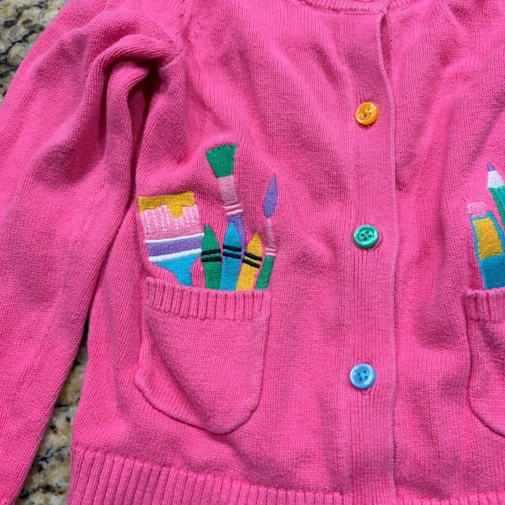 Gymboree Girls 4T Pink Cardigan School Supplies Art Embroidery Cotton Sweater